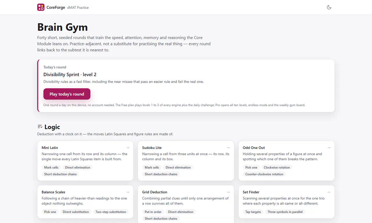 CoreForge Brain Gym page: forty short seeded rounds for speed, attention, memory and reasoning, a card for today’s round with a Play button, and Logic drills including Mini Latin, Sudoku Lite and Odd One Out.