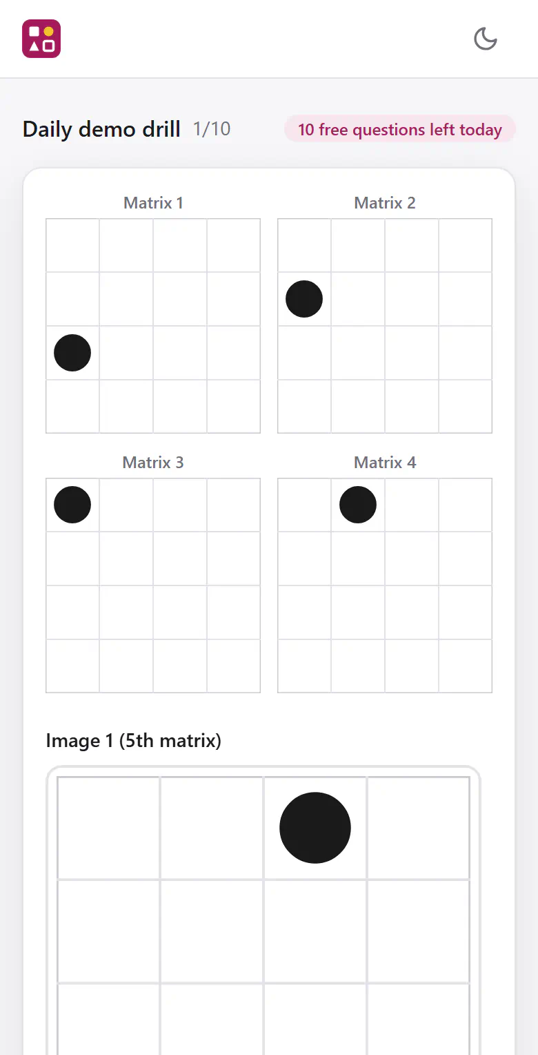 The same daily demo drill on a phone: question 1 of 10, four matrices tracing a moving dot in a two-by-two grid, and the first answer option below.