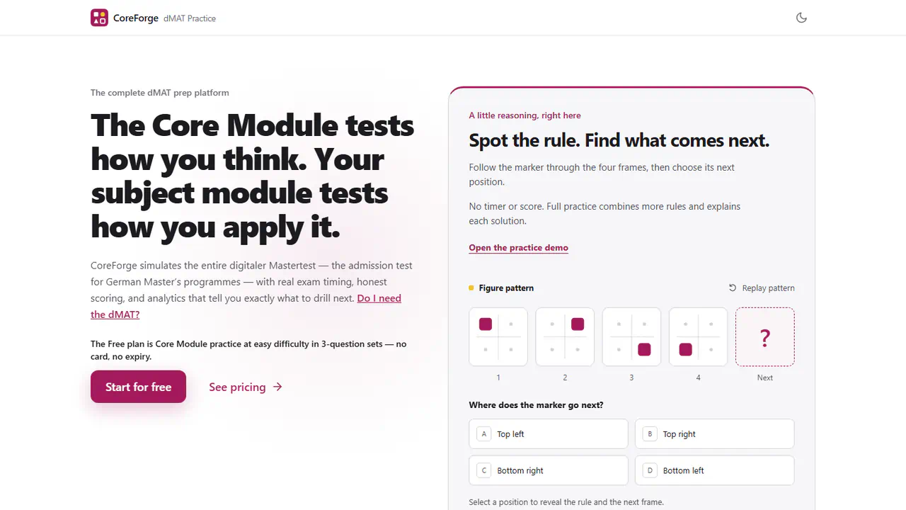 CoreForge home page on desktop: the headline “The Core Module tests how you think. Your subject module tests how you apply it.”, Start for free and See pricing buttons, and a sample figure-pattern question asking where a marker moves next.