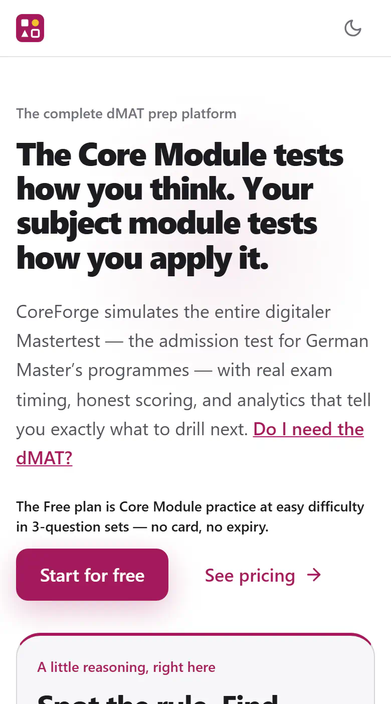 CoreForge home page on a phone: the same headline, a note that the Free plan is Core Module practice at easy difficulty in 3-question sets with no card and no expiry, and a Start for free button.